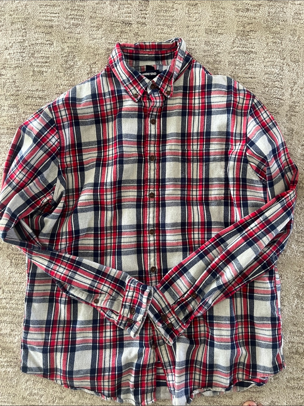 Lands' End Men's Flannel Plaid Red, Navy & Gray Plaid Button-Down Shirt